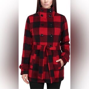Ike Behar red buffalo plaid fleece coat size small